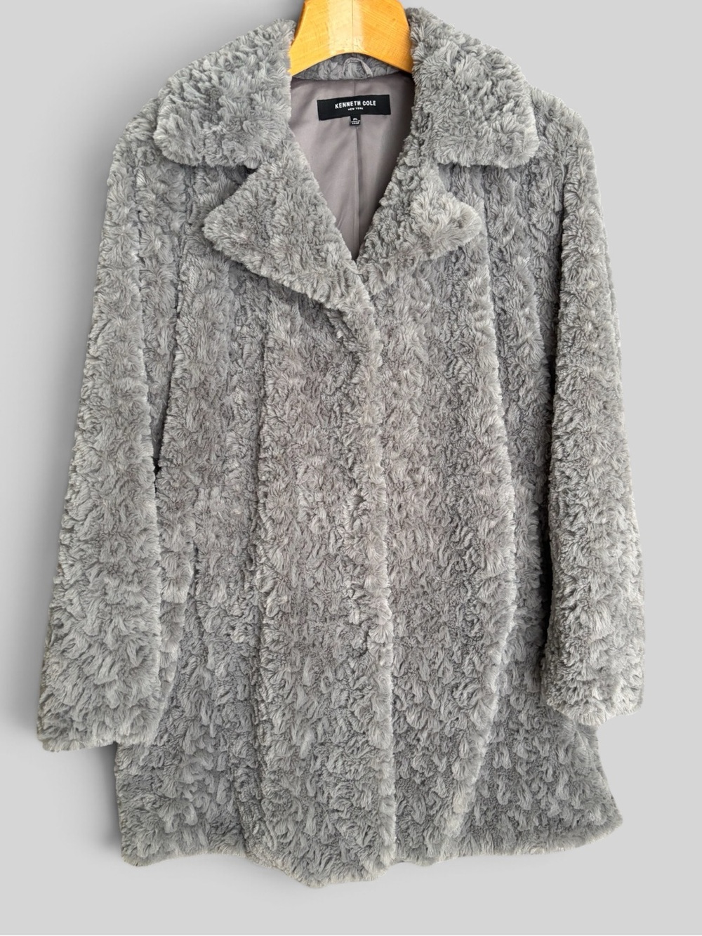 Kenneth Cole NY Faux Fur Notch Collar Cozy Coat Gray PL Petite Large Like New